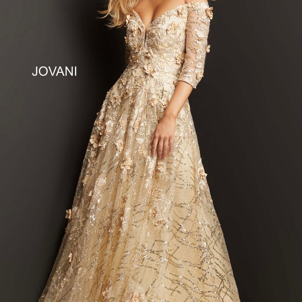 Jovani Champagne Off-Shoulder Embellished Ball Gown